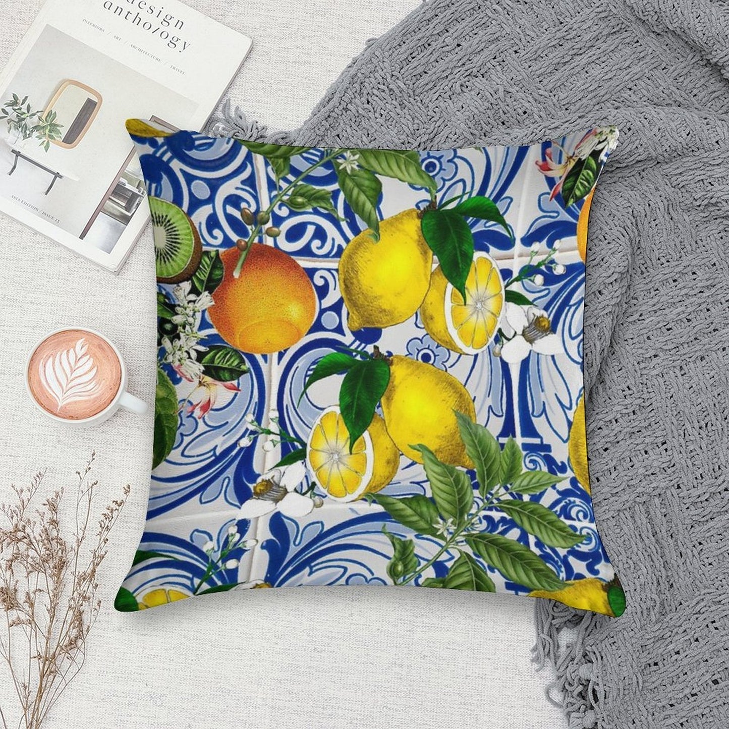 Mediterranean Lemon on Blue Ceramic Tiles Soft Washable Throw Pillow