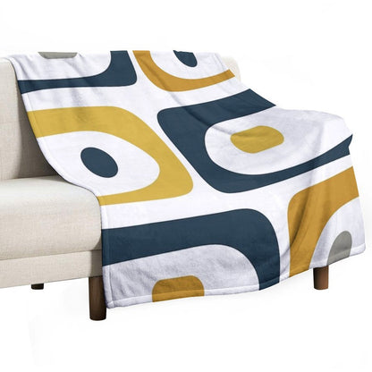 Mid Century Modern Piquet Abstract Minimalist Pattern in Navy Blue, Light And Dark Mustard, Grey, And White Throw Blanket