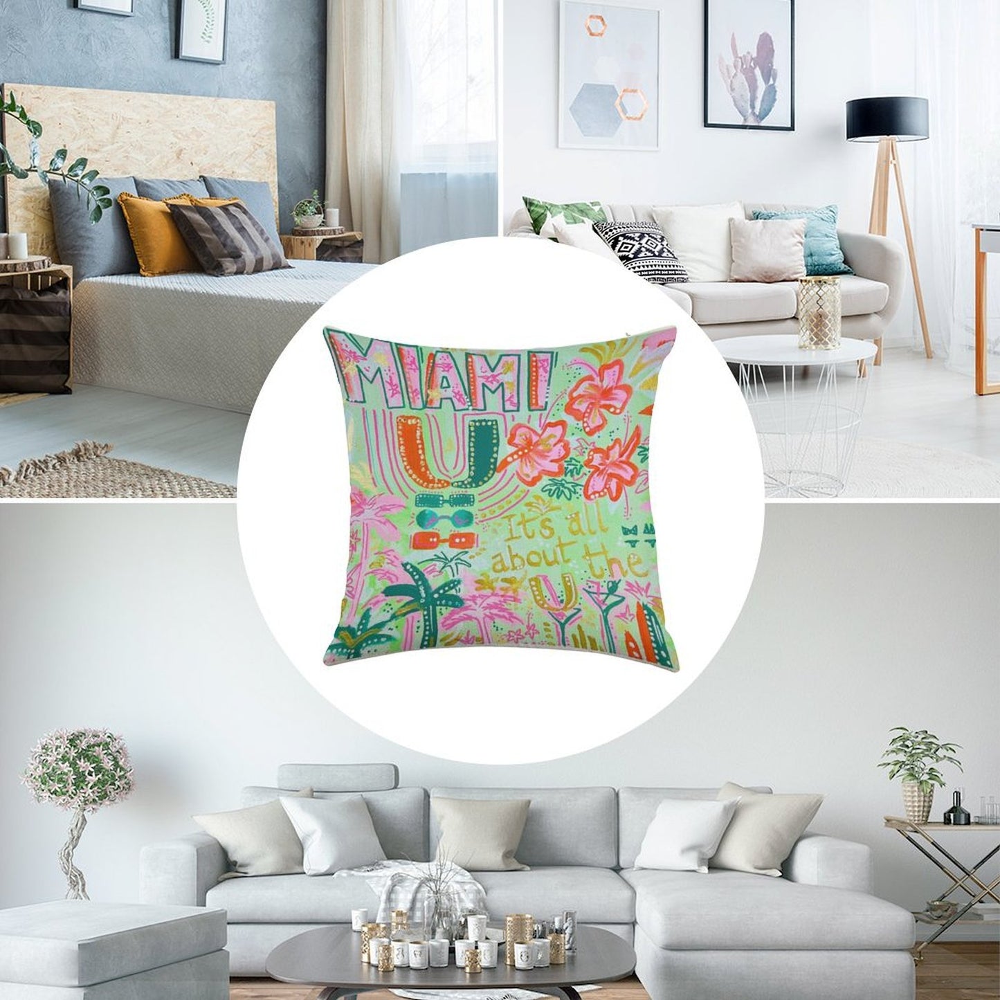 Miami Collage Linen Throw Pillow Cover