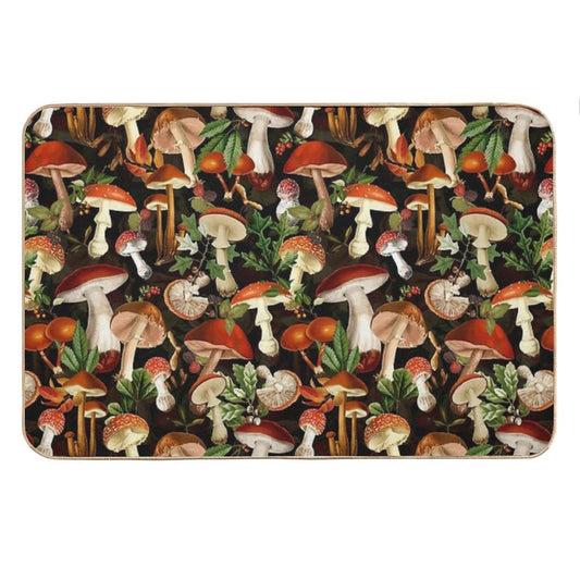 Vintage Red Mushrooms Forest Botanical Night Garden Pattern - Black  NightGarden Bath Mat