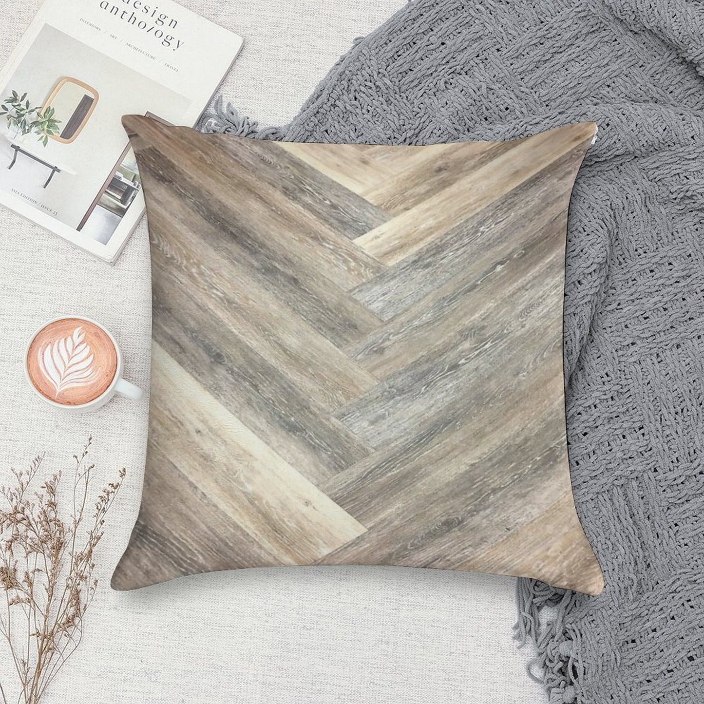 Contemporary Caramel Brown Grey Beige Farmhouse Barn Wood Soft Reinforced Edging Throw Pillow