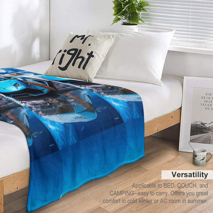 Blue Lamborghini Huracan, Icy Majesty Supercar, Sports Car On Snowy Alpine Backdrop, High Octane Wall Art Throw Blanket