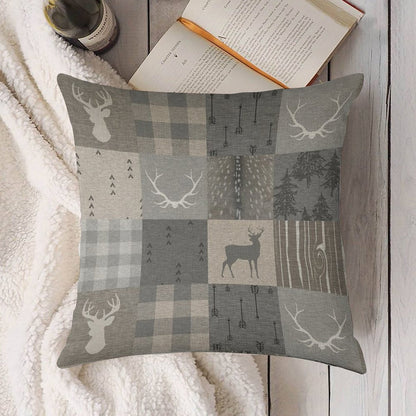Rustic Woodland Patchwork - Grey And Beige Linen Throw Pillow Cover