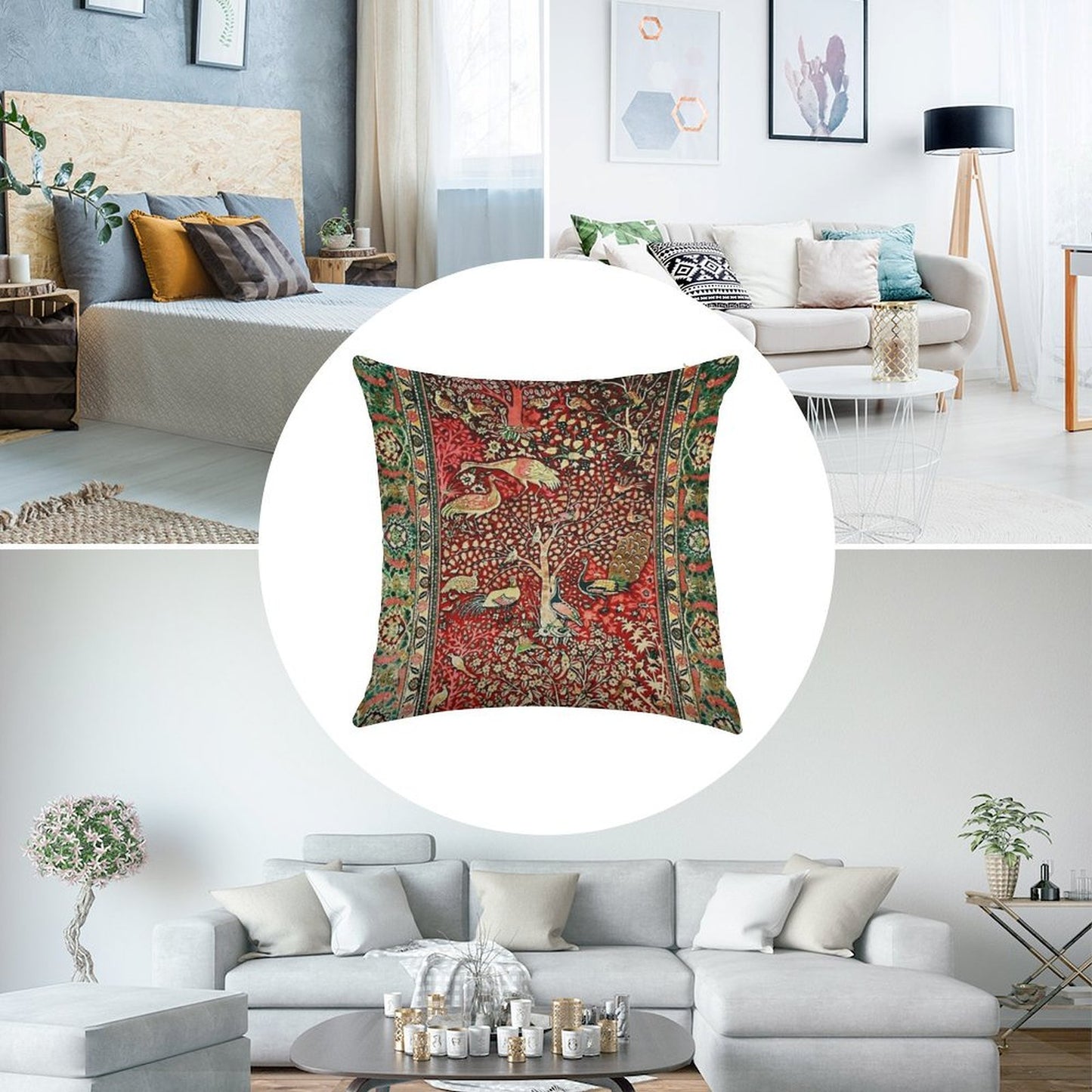 Antique Persian Rug Bird Tree Flowers Ca. 1600 Print Linen Throw Pillow Cover