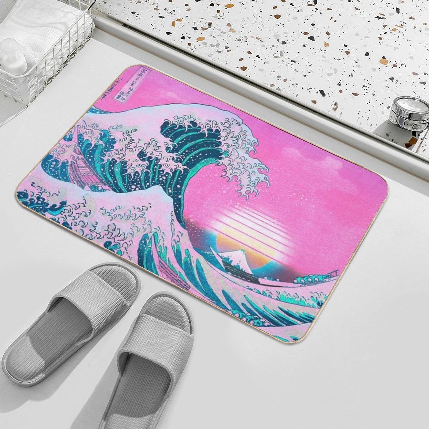 Vaporwave Aesthetic Great Wave Off Kanagawa Retro Sunset Bath Mat