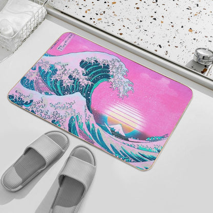 Vaporwave Aesthetic Great Wave Off Kanagawa Retro Sunset Bath Mat