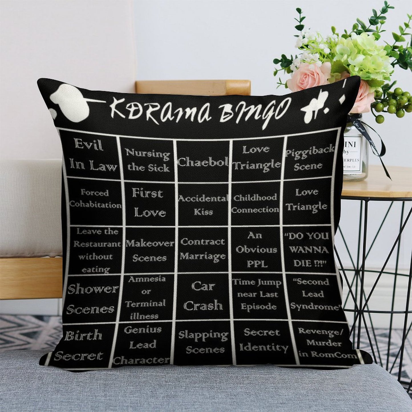 Korean Drama Bingo Linen Throw Pillow Cover