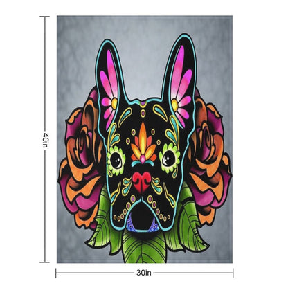Day of The Dead French Bulldog in Black Sugar Skull Dog Throw Blanket
