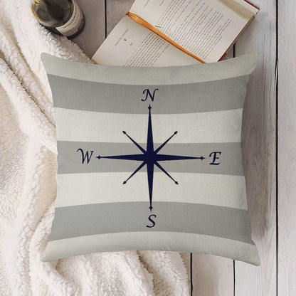 Nautical Navy Blue Compass On Silver Gray And White Stripes Linen Throw Pillow Cover