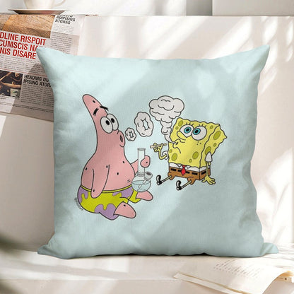 Spongebob And Patrick Smoking Weed Cannabis Cartoon Art Linen Throw Pillow Cover