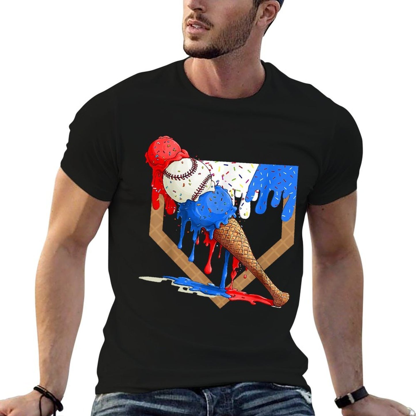 4th of July Red White And Blue Baseball Ice Cream Drip Boys  Moisture-wicking T-Shirt