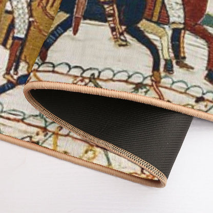 THE BAYEUX TAPESTRY ,BATTLE OF HASTINGS ,NORMAN KNIGHTS HORSEBACK, ARCHERS AND VIKING SHIPS Bath Mat