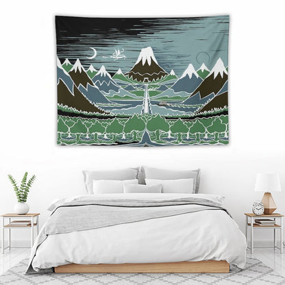 A Halflings Journey on A Mountain Path Through An Elven Wood in The Style of J.R.R.Tolkien Tapestry