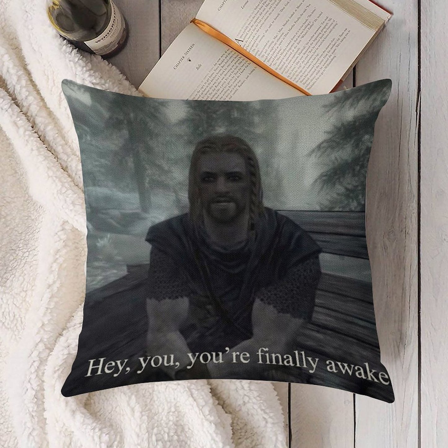 Hey You’re Finally Awake Linen Throw Pillow Cover