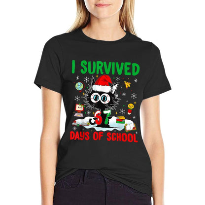 Funny Black Cat Christmas I Survived 67 Days of School  High-quality Stitching T-Shirt