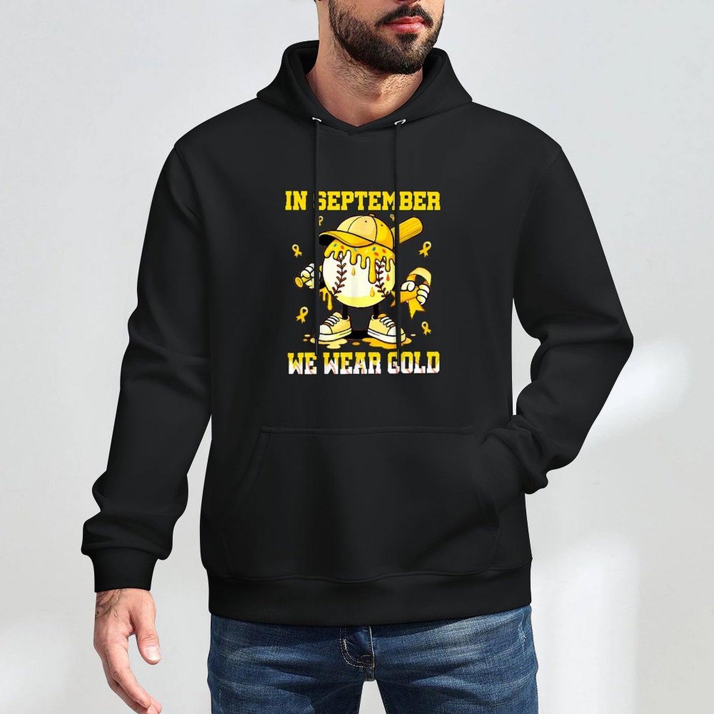 in September We Wear Gold Baseball Drip Boy Childhood Cancer Relaxed Fit Hoodie