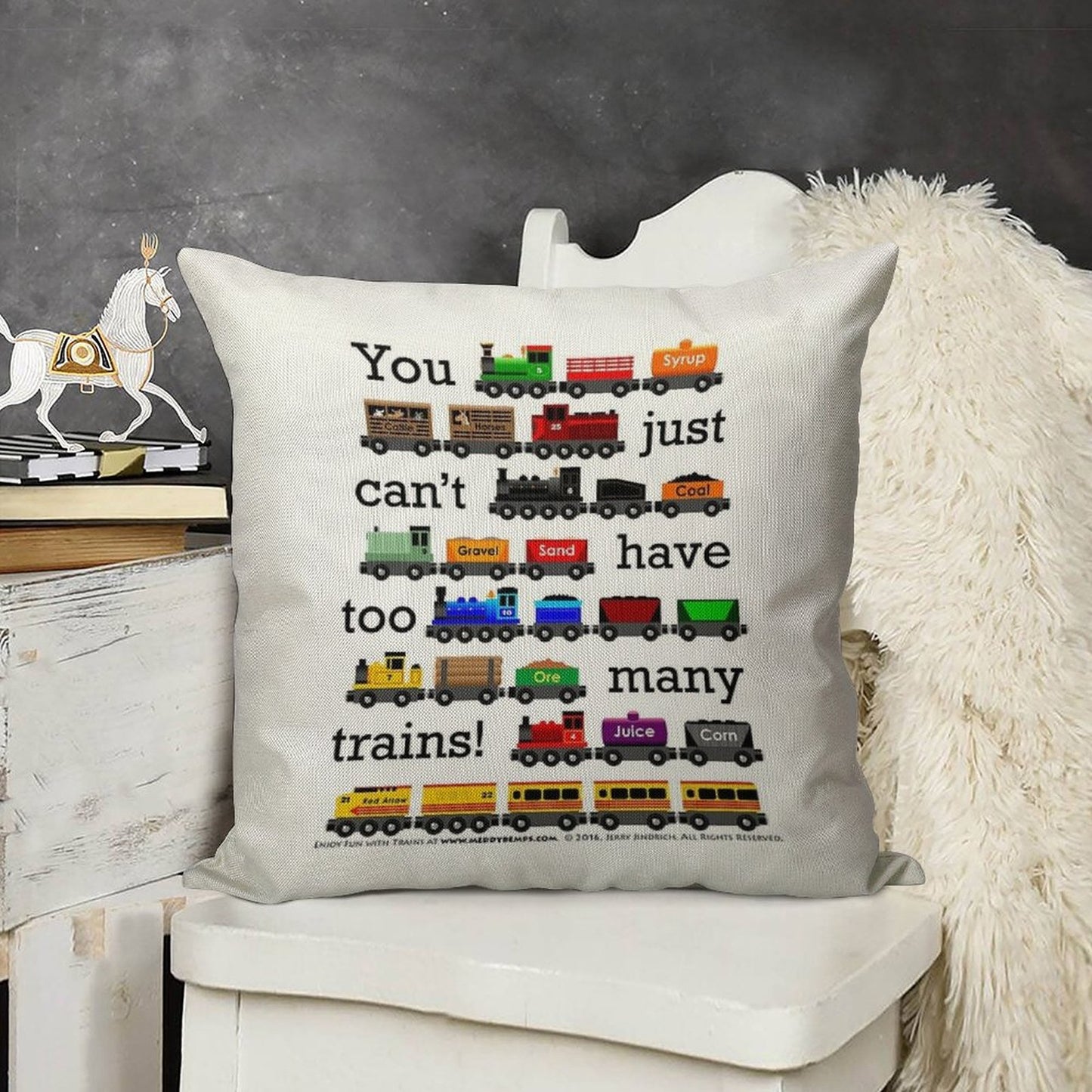 Too Many Trains - Black Lettering Linen Throw Pillow Cover