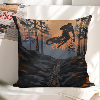 Retro Styled Mountain Biking Dirt Jumper Sunset Linen Throw Pillow Cover