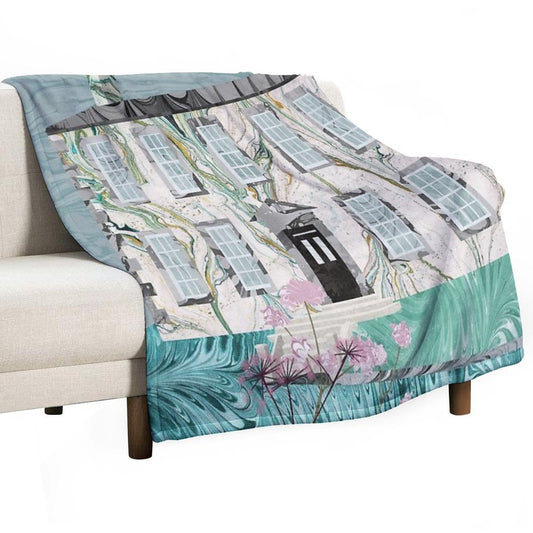 The Bronte Sisters' Parsonage,Haworth  Collage in Marbled Bookbinding Paper Throw Blanket