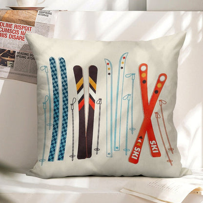 Colorful Retro Ski Illustration Linen Throw Pillow Cover