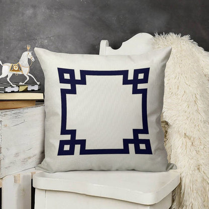Navy Blue Greek Key Square On White Linen Throw Pillow Cover