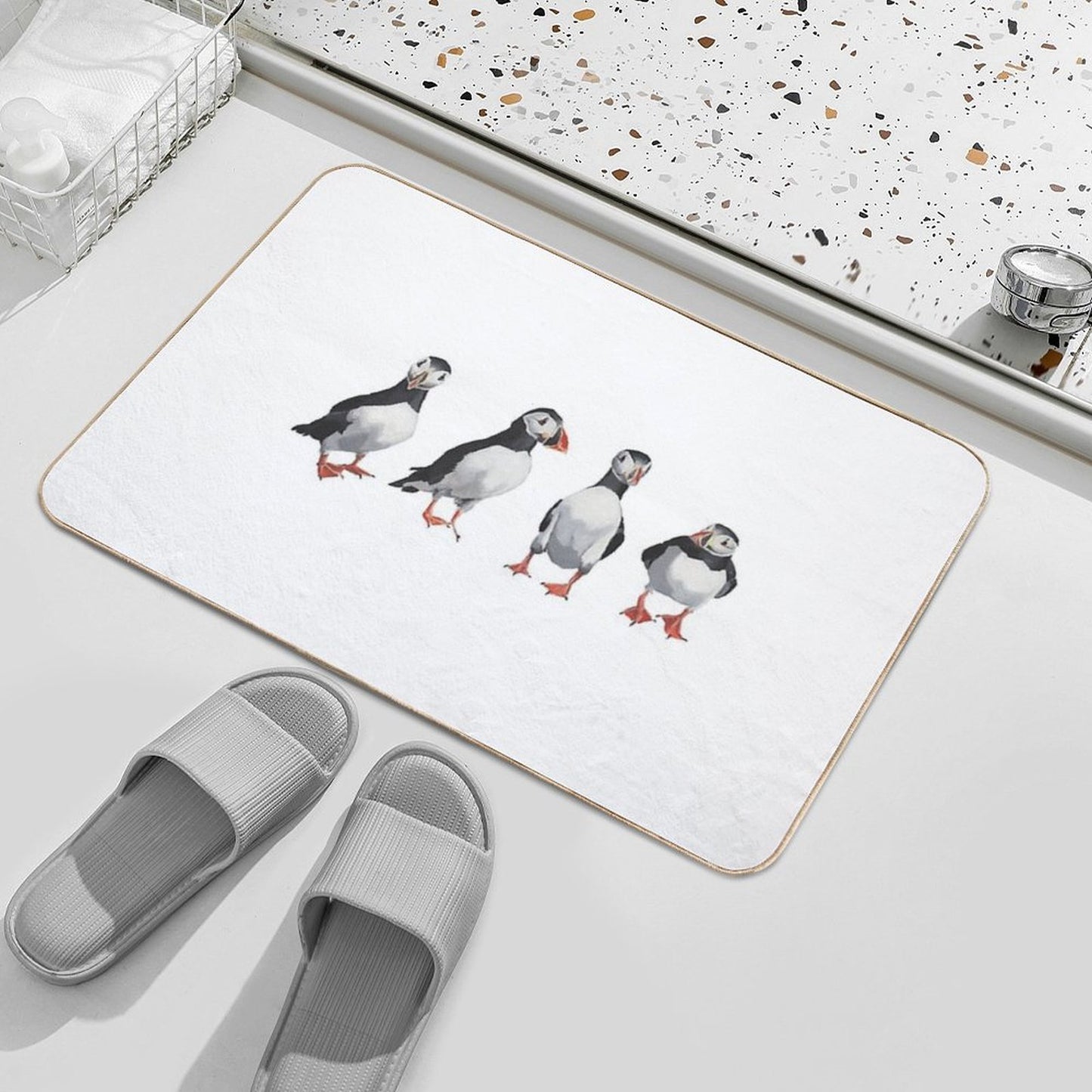 4 Puffins in A Line  Easy To Clean Bath Mat