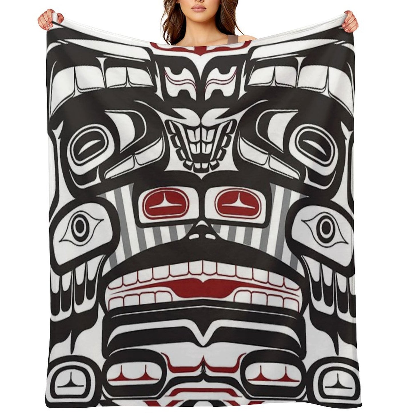 Thunderbird Bear Orca Totem Pole, Coastal Salish Haida Pacific North West Formline Design Native American Throw Blanket
