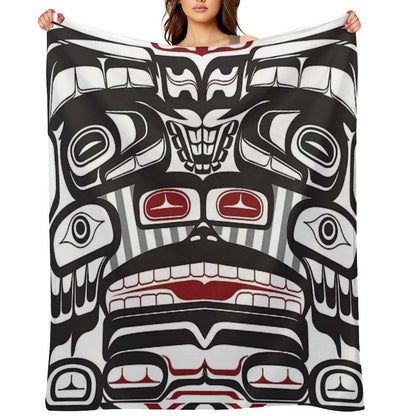 Thunderbird Bear Orca Totem Pole, Coastal Salish Haida Pacific North West Formline Design Native American Throw Blanket