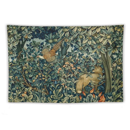 GREENERY, FOREST ANIMALS Pheasant And Fox Blue Green Floral Tapestry Tapestry