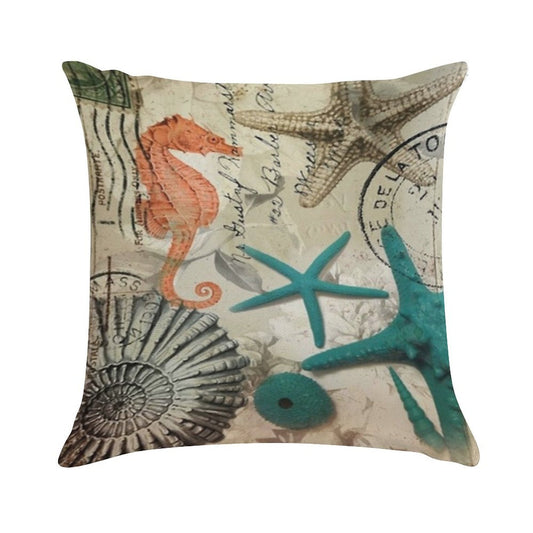 Dark Academia Coastal Seashell Teal Starfish Seahorse Ocean Beach Soft Short Plush Fabric Throw Pillow