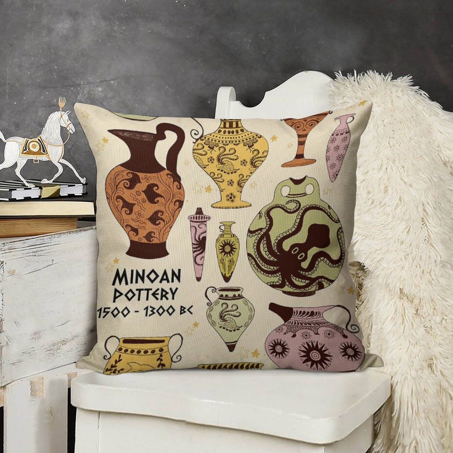 Minoan Pottery Linen Throw Pillow Cover
