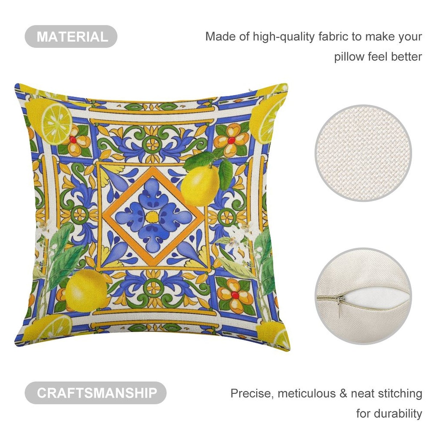 Summer ,Sicilian Tiles ,citrus,oranges,majolica,lemons ,Mediterranean Linen Throw Pillow Cover