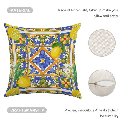 Summer ,Sicilian Tiles ,citrus,oranges,majolica,lemons ,Mediterranean Linen Throw Pillow Cover