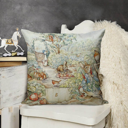 Beatrix Potter Storybook Characters in Garden Linen Throw Pillow Cover
