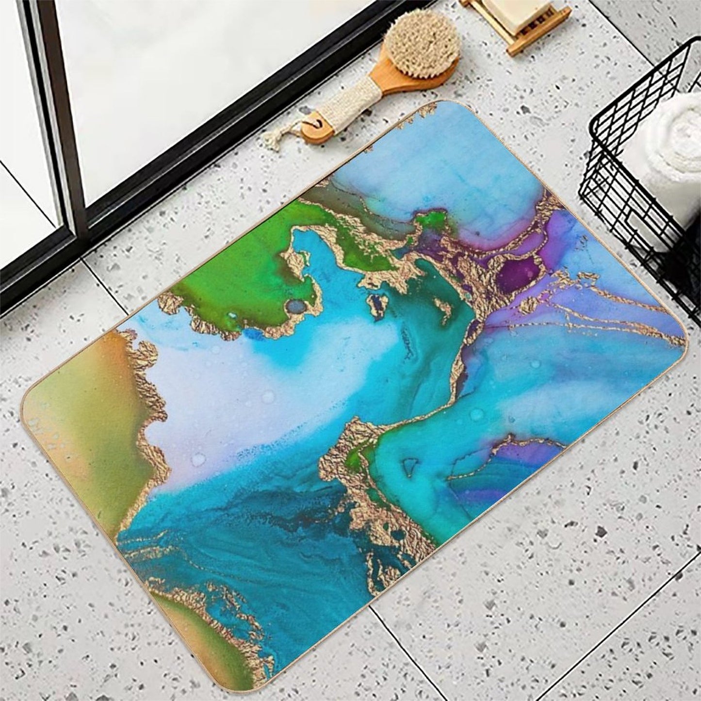 Abstract Faux Marble Mermaid Gemstone With Gold Glitter  Long-Lasting Bath Mat