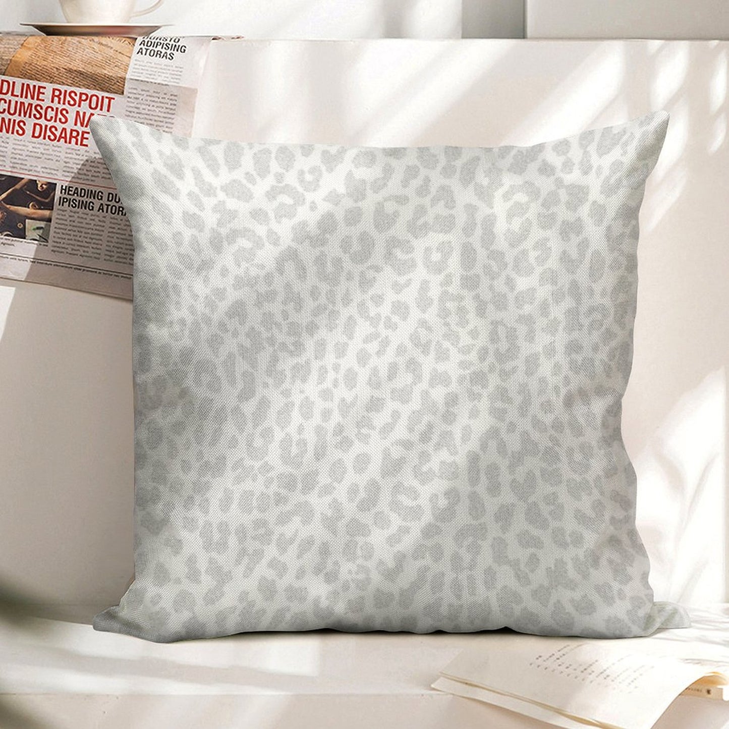 Pale Gray Leopard Linen Throw Pillow Cover