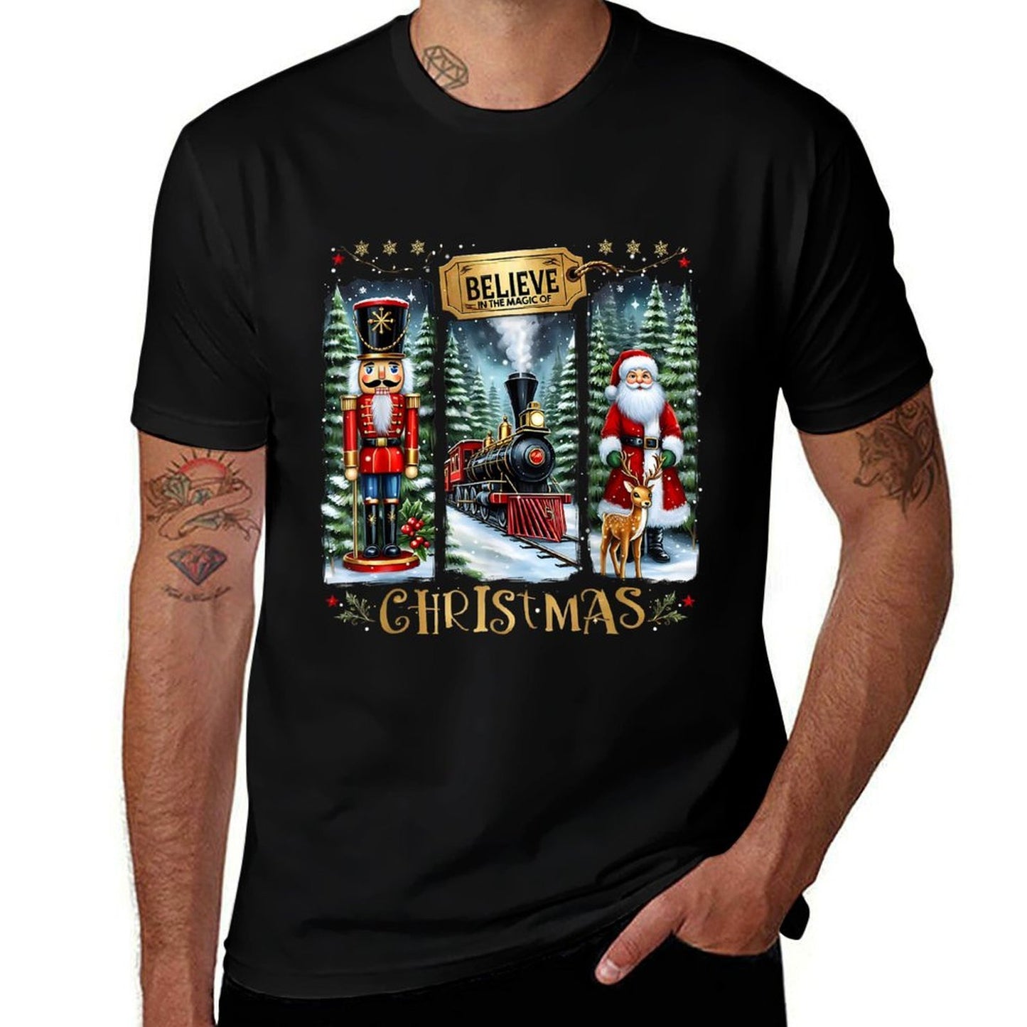 Believe In The Magic of Christmas Train Nutcracker Santa  Polyester Blend T-Shirt