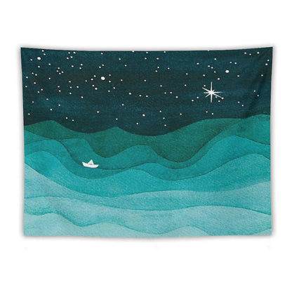 Starry Ocean, Teal Sailboat Watercolor Sea Waves Night Tapestry