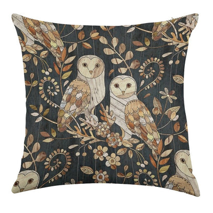 Wooden Wonderland Barn Owl Collage Linen Throw Pillow Cover