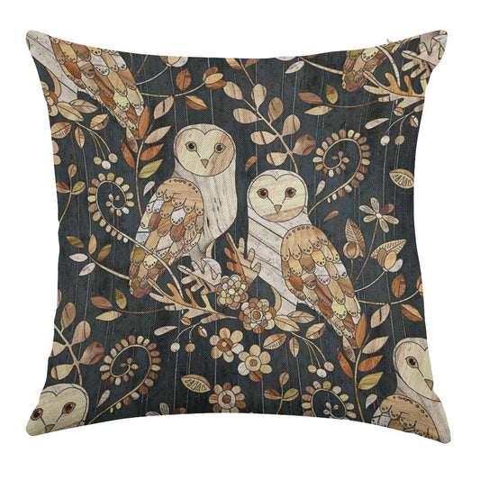 Wooden Wonderland Barn Owl Collage Linen Throw Pillow Cover
