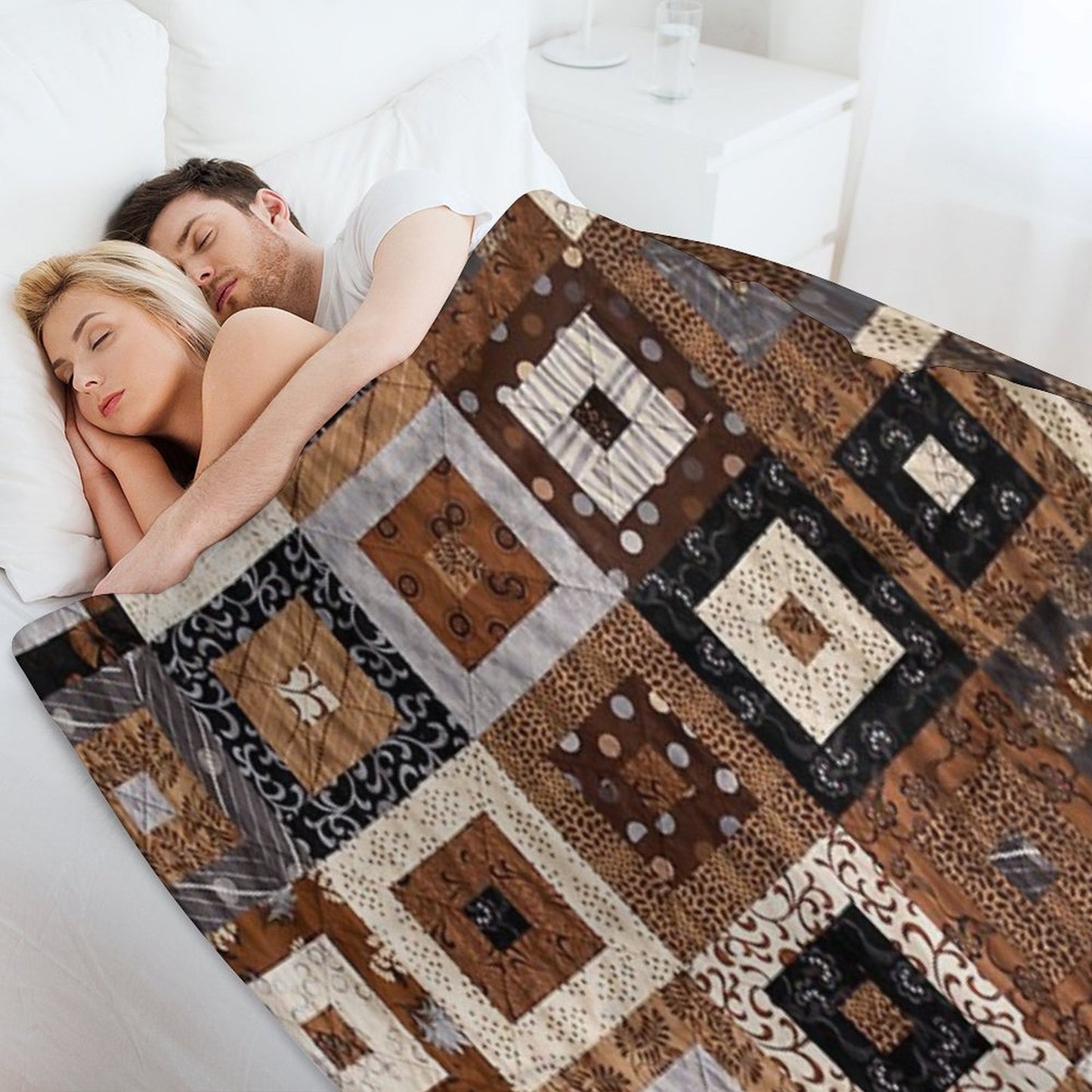 Classic Retro Brown Quilted Patchwork Quilting Pattern Mosaic Motif Throw Blanket