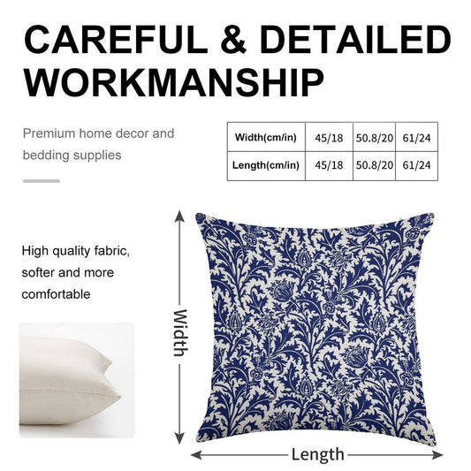 William Morris Thistle Damask, Navy Blue And White Linen Throw Pillow Cover