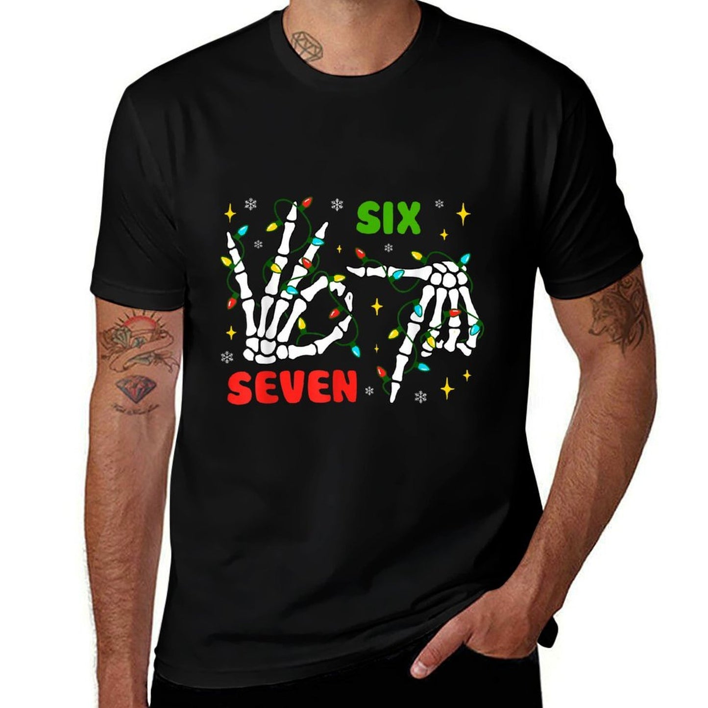 Funny Xmas 67 Skeleton Hand Six Seven Meme Christmas Lights  Fade-proof Color T-Shirt