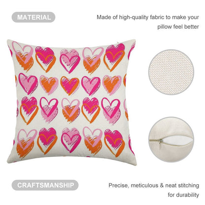 Pink And Orange Hearts Linen Throw Pillow Cover