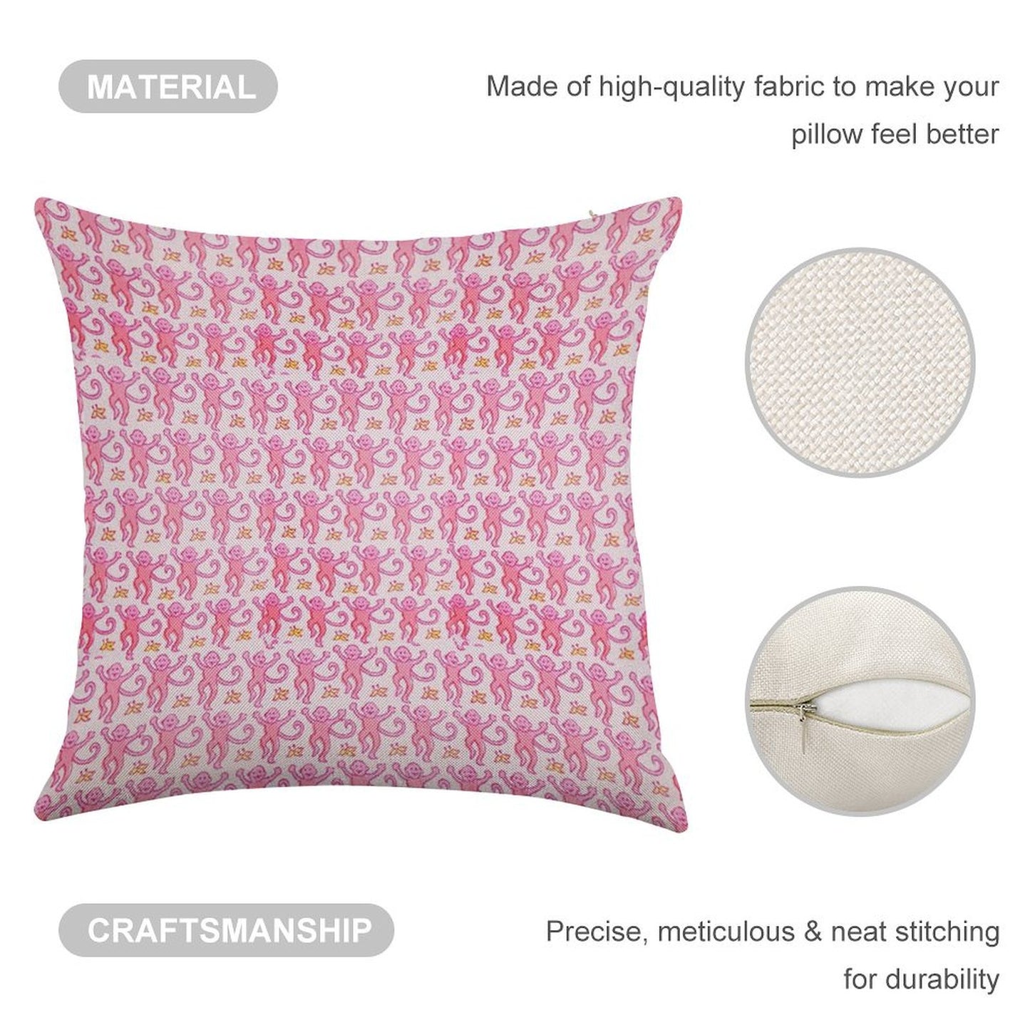 Pink Monkeys Linen Throw Pillow Cover
