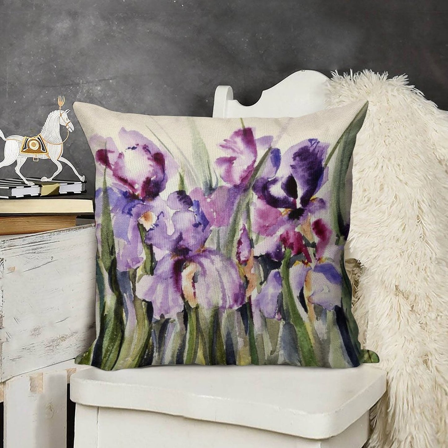 Purple Iris Art Watercolor Linen Throw Pillow Cover