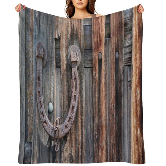 Distressed Barn Wood Rustic Equestrian Horseshoe Throw Blanket