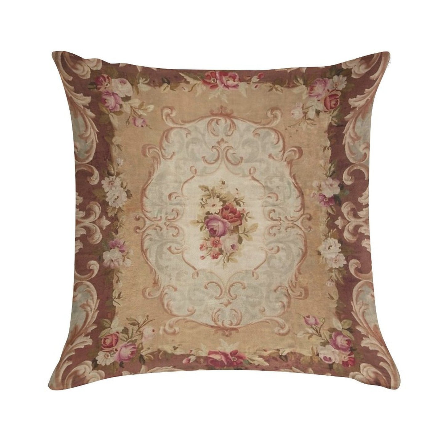 Antique Rose Floral French Aubusson Rug Print Soft Fade-Resistant Throw Pillow
