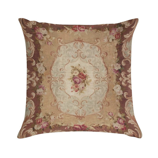 Antique Rose Floral French Aubusson Rug Print Soft Fade-Resistant Throw Pillow