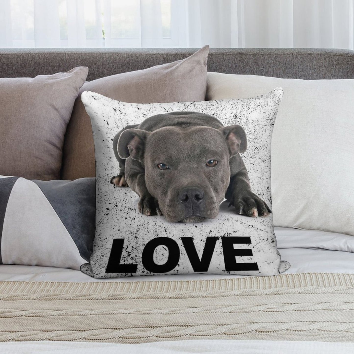 Love Is 4 Paws & Waggy Tail Blue Staffordshire Bull Terrier Soft Washable Throw Pillow